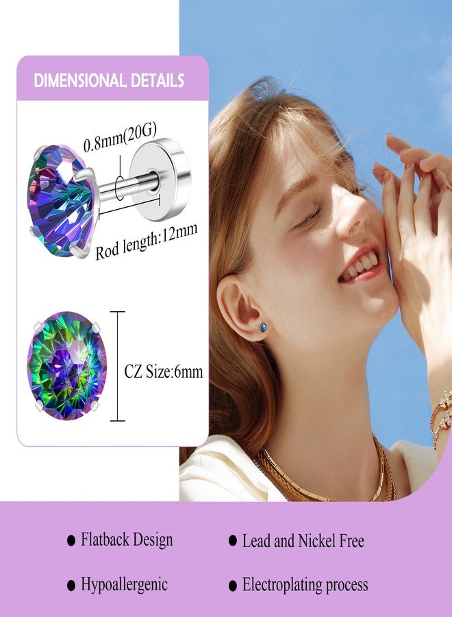 ZDE Titanium Women Flatback Earrings AAAA+ Cubic Zirconia Silver CZ Simulated Diamond Earrings Stud Hypoallergenic Cartilage Earring Piercing Jewelry 6mm (Colorful CZ, 6MM) - Image 2